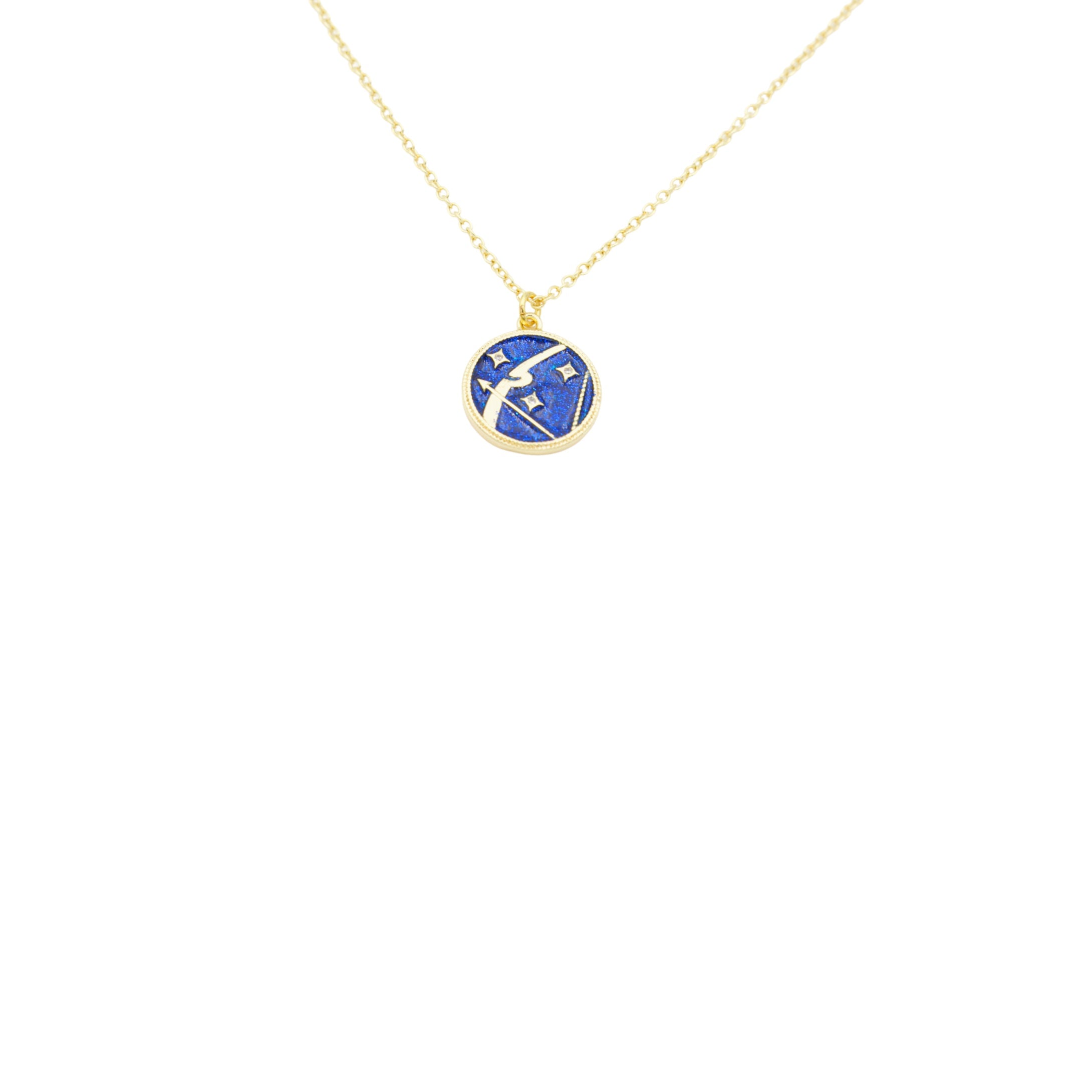 AW Boutique's Zodiac Astro Coin is a dainty pendant full of sparkle and shine.  This piece adds a pop of colour to your everyday wear and at 18 inches is a great length to mix and layer your other chains with.  Proudly wear either your own star sign or the star sign of a loved one close to your heart.  Zodiac shown is Sagittarius.