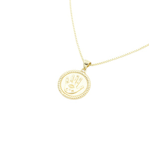 AW Boutique's gold filled 18 inch box chain with a vintage looking Hamsa coin pendant.  The Hamsa has small inscriptions and an evil eye on the hand.  Pendant has rope effect edging.  Part of Protection collection.  Gold filled jewellery.